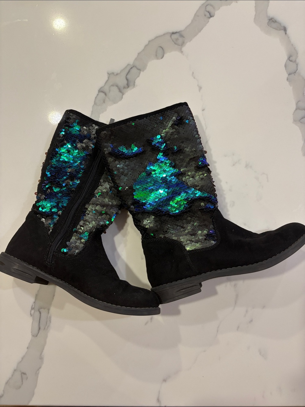 Black Faux Suede Mid-Calf Boots with Reversible Green-Blue Sequins